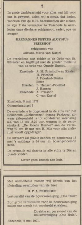 Oliemolensingel 9 H.P.A. Prieshof overlijdensadvertentie Tubantia 11-5-1971.jpg