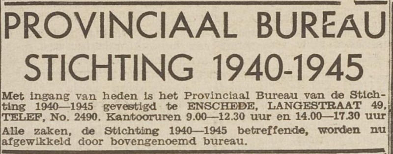 Langestraat 49 Provinciaal Bureau Stichting 1940-1945 advertentie Het Vrije Volk 30-4-1946.jpg