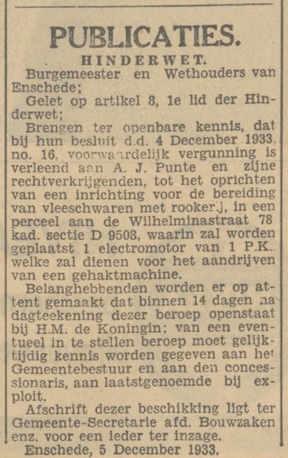 Wilhelminastraat 78 A.J. Punte krantenbericht Tubantia 7-12-1933.jpg