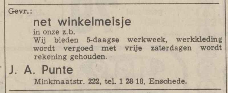 Minkmaatstraat 222 J.A. Punte advertentie Tubantia 28-1-1970.jpg