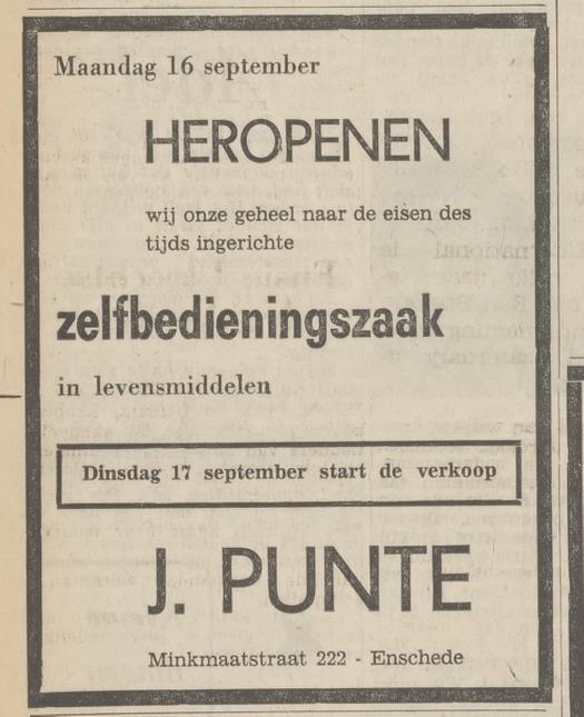 Minkmaatstraat 222 zelfbedieningszaak J. Punte advertentie Tubantia 14-9-1968.jpg