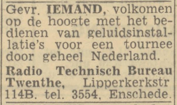 Lipperkerkstraat 114B Radio Technisch Bureau Twenthe advertentie Twentsch nieuwsblad 22-5-1944.jpg