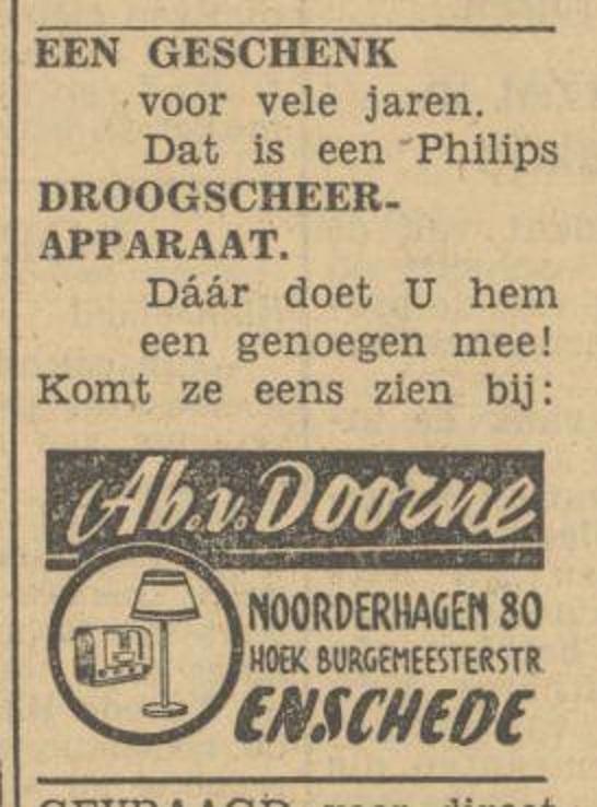 Noorderhagen 80 hoek Burgemeesterstraat Ab van Doorne advertentie Tubantia 29-11-1949.jpg
