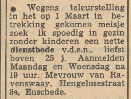 Hengelosestraat 84 Mevr. van Ravenswaay advertentie Tubantia 5-3-1949.jpg