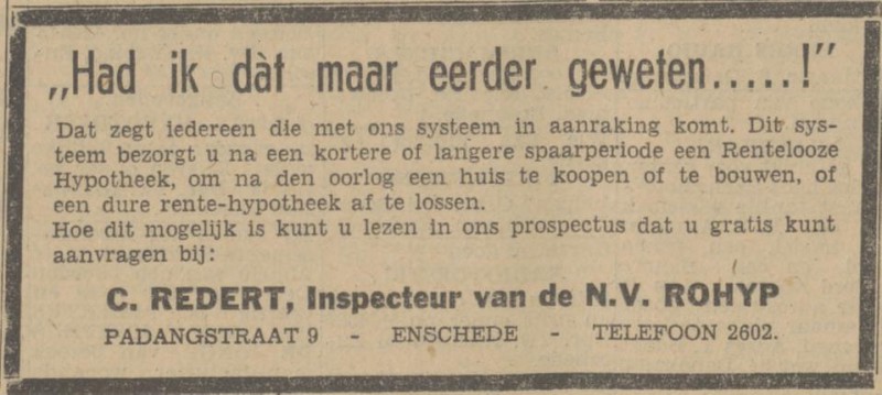 Padangstraat 9 C. Redert Inspecteur N.V. Rohyp advertentie Twentsch nieuwsblad 12-12-1942.jpg
