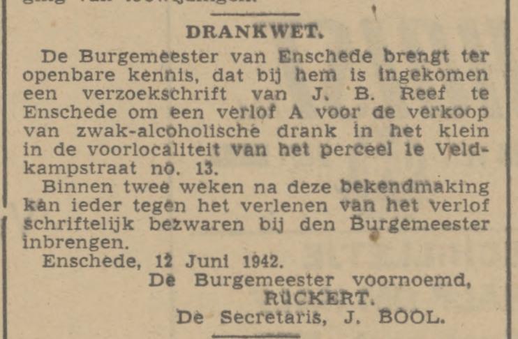 Veldkampstraat 13 J.B. Hinderwetvergunning Drankwet krantenbericht Tubantia 16-6-1942.jpg