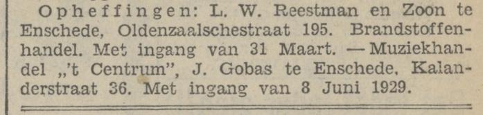 Oldenzaalsestraat 195 Brandstoffenhandel L.W. Reestman en Zoon krantenbericht 29-6-1929.jpg