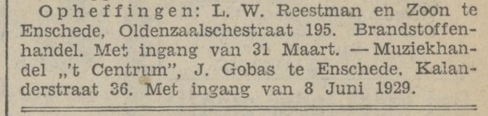 Oldenzaalsestraat 195 Brandstoffenhandel L.W. Reestman en Zoon krantenbericht 29-6-1929.jpg