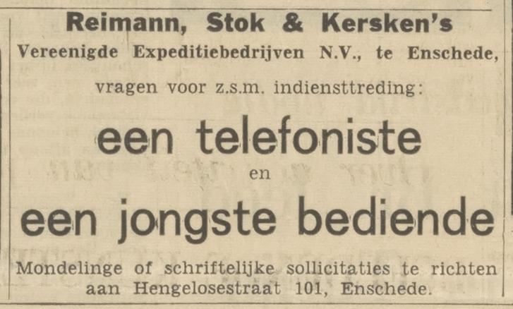 Hengelosestraat 101 Reimann, Stok & Kersken's Verenigde Expeditiebedrijven N.V. adverten tie Tubantia 29-2-1968.jpg