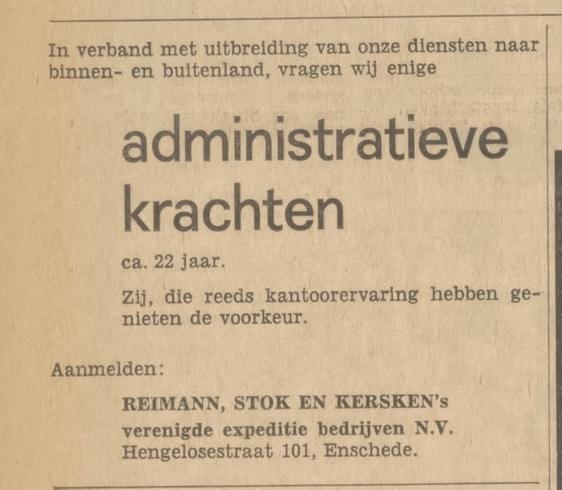 Hengelosestraat 101 Reimann, Stok & Kersken's Verenigde Expeditiebedrijven N.V. adverten tie Tubantia 15-1-1966.jpg