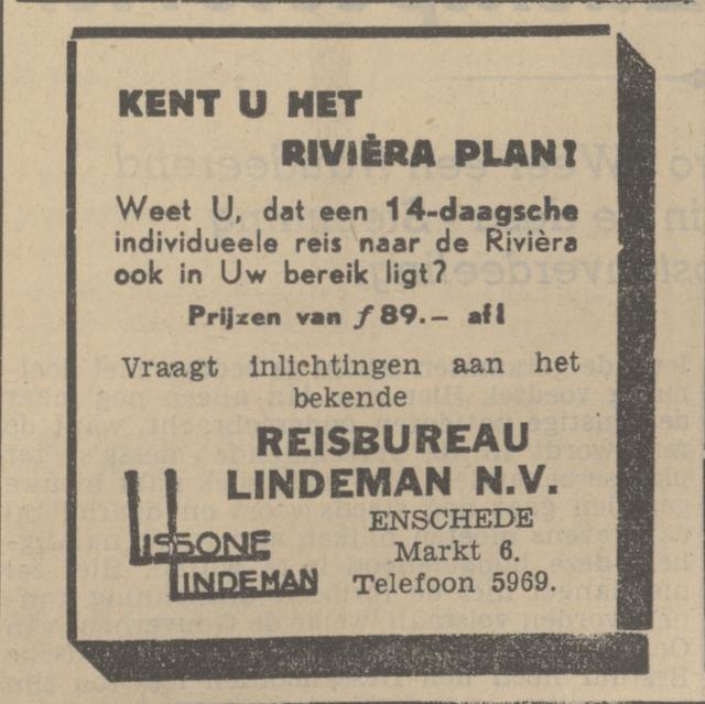 Markt 6 Reubureau Lissone Lindeman N.V. advertentie Tubantia 21-2-1939.jpg