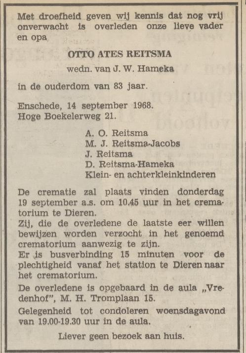 Hoge Boekelerweg 21 O.A. Reitsma overlijdensadvertentie Tubantia 16-9-1968.jpg