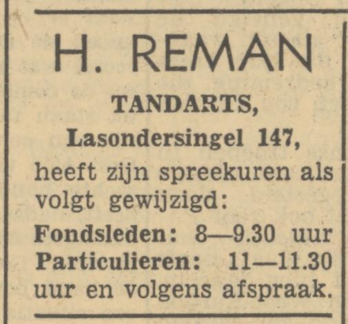 Lasondersingel 147 tandarts H. Reman advertentie Tubantia 6-11-1950.jpg