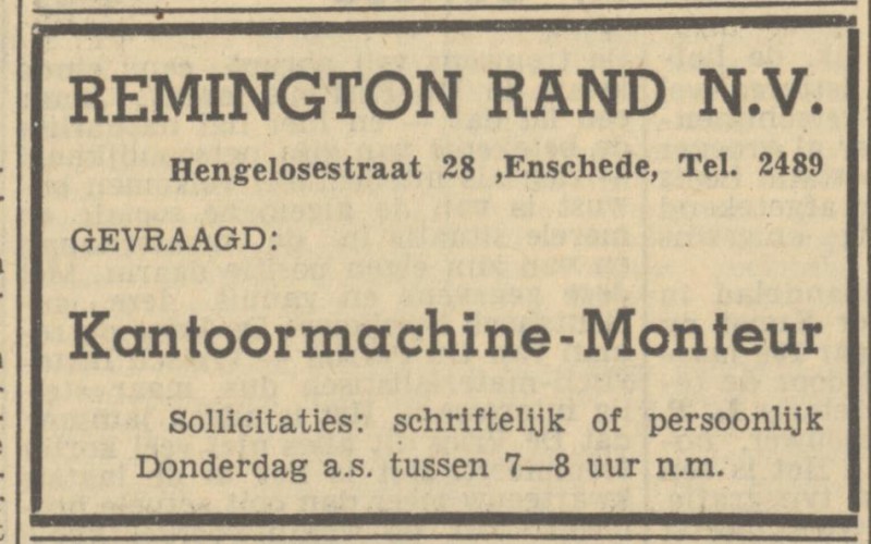 Hengelosestraat 28 Remington Rand advertentie Tubantia 8-6-1949.jpg