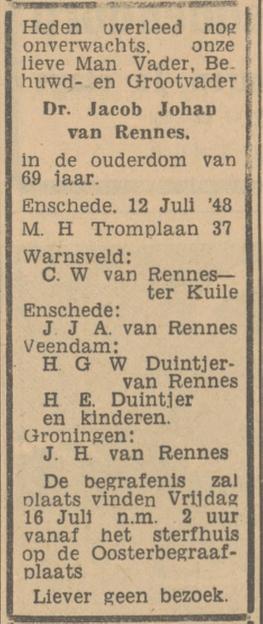 M.H. Tromplaan 37 Dr. J.J. van Rennes overlijdensadvertentie Tubantia 13-7-1948.jpg