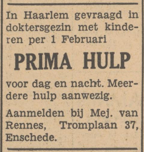 M.H. Tromplaan 37 Mej. van Rennes advertentie Tubantia 8-1-1949.jpg
