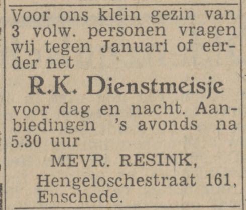 Hengelosestraat 161 Mevr. Resink advertentie Twentsch nieuwsblad 21-11-1942.jpg