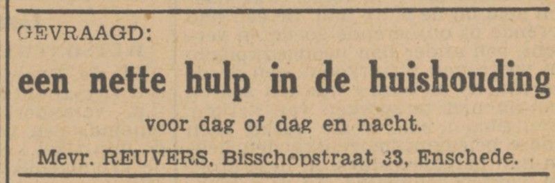 Bisschopstraat 33 Mevr. Reuvers advertentie Tubantia 27-7-1948.jpg