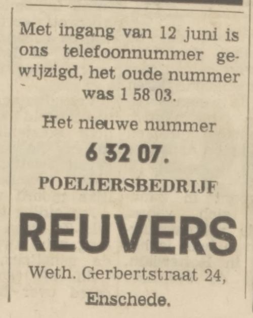 Wethouder Gerbertstraat 24 Poeliersbedrijf Reuvers advertentie Tubantia 17-6-1970.jpg