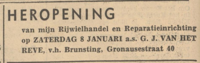 Gronausestraat 40 Rijwielhandel en Reparatieinrichting G.J. van Het Reve v.h. Brunsting advertentie Tubantia 7-1-1949.jpg