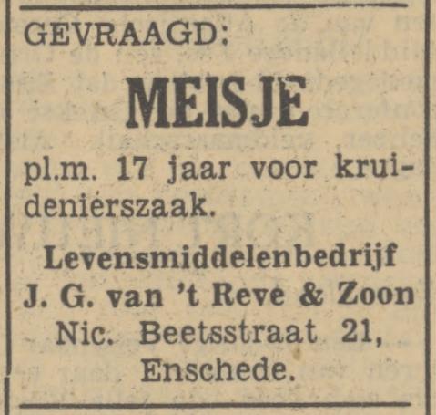 Nicolaas Beetsstraat 21 Levensmiddelenbedrijf J.G. van het Reve & Zoon advertentie Tubantia 19-1-1951.jpg