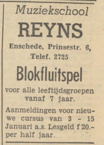 Prinsestraat 6 Muziekschool Reyns advertentie Tubantia 28-12-1951.jpg