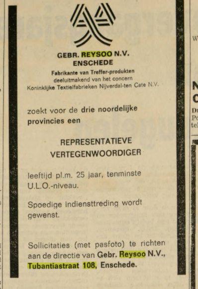 Tubantiastraat 108 Gebr. Reysoo Advertentie. Leeuwarder courant  hoofdblad van Friesland. Leeuwarden, 15-11-1969..jpg