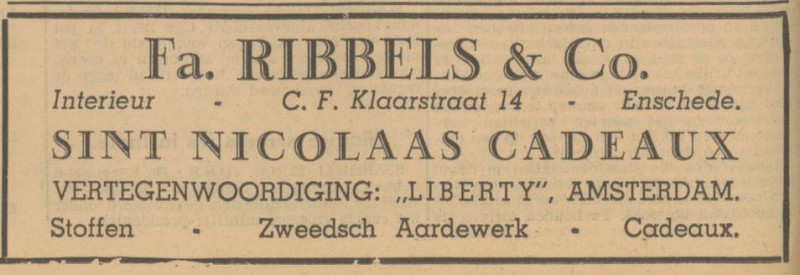 C.F. Klaarstraat 14 Firma Ribbels & Co. advertentie Tubantia 23-11-1940.jpg