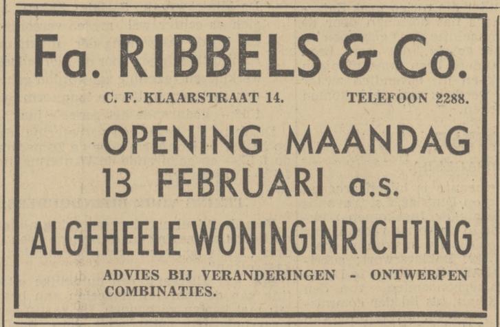 C.F. Klaarstraat 14 Firma Ribbels & Co. advertentie Tubantia 11-2-1939.jpg