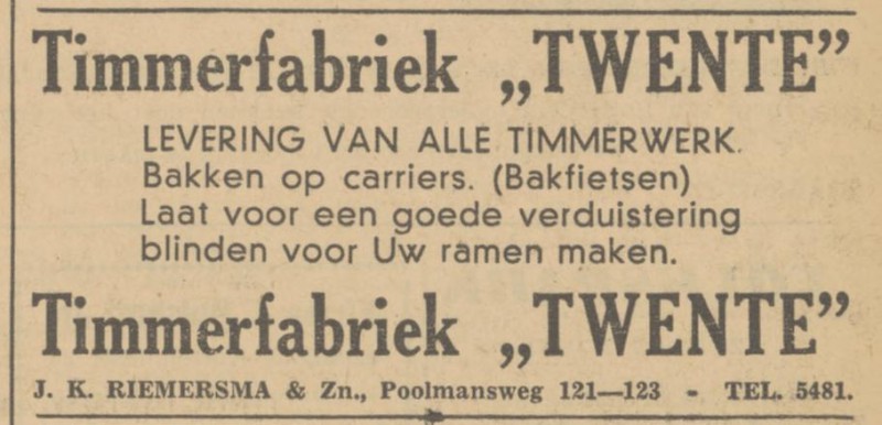 Poolmansweg 121-123 Timmerfabriek Twente J.K. Riemersma en Zoon advertentie Tubantia 1-6-1940.jpg
