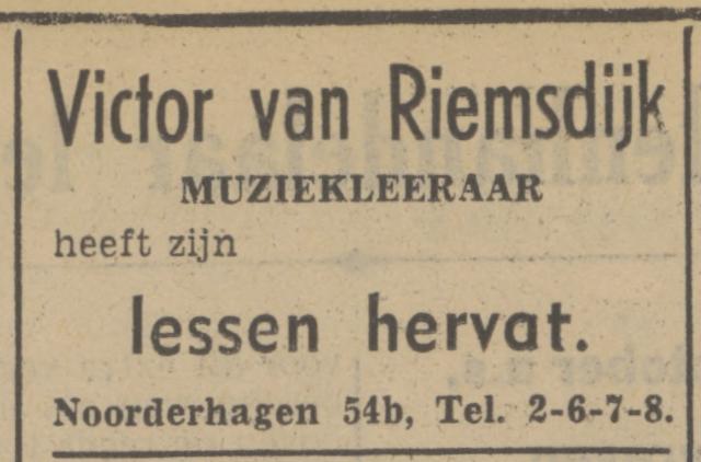 Noorderhagen 54B Victor van Riemsdijk muziekleraar advertentie Tubantia 4-9-1940.jpg
