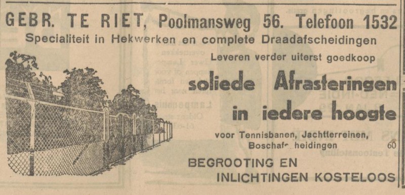 Poolmansweg 56 Gebr. te Riet Hekwerken advertentie Tubantia 19-6-1930.jpg