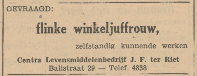 Balistraat 29 Centra Levensmiddelenbedrijf J.F. ter Riet advertentie Tubantia 27-2-1947.jpg