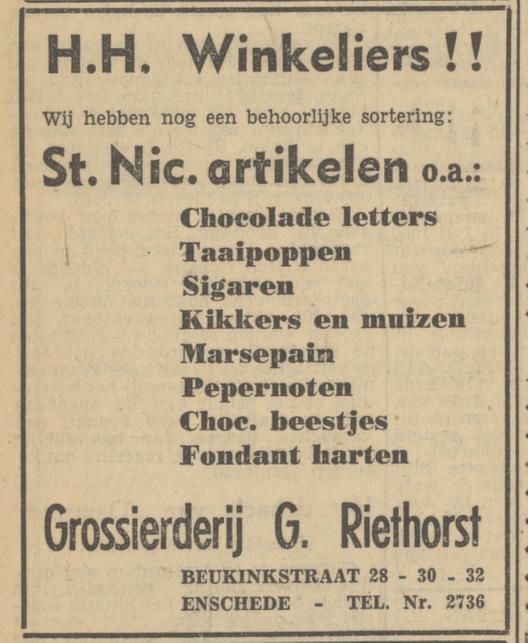 Beukinkstraat 28-30-32 Grossierderij G. Riethorst. advertentie Tubantia 28-11-1950.jpg