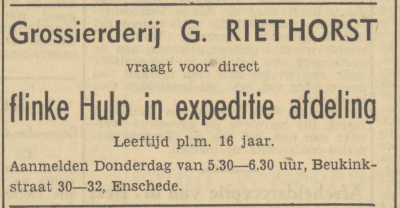 Beukinkstraat 30-32 Grossierderij G. Riethorst advertentie Tubantia 1-6-1949.jpg