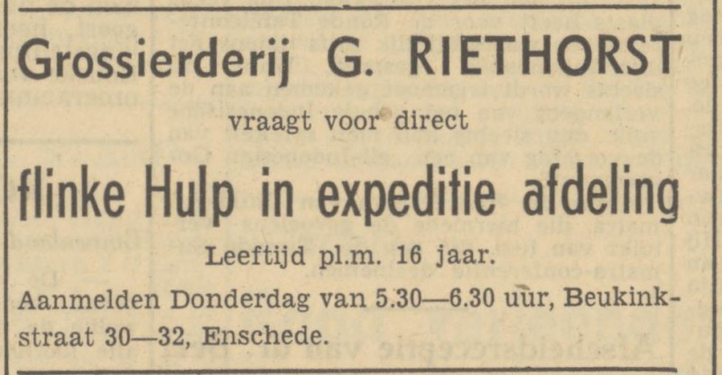 Beukinkstraat 30-32 Grossierderij G. Riethorst advertentie Tubantia 1-6-1949.jpg