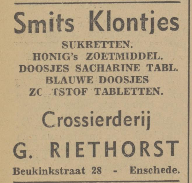 Beukinkstraat 28 Grossierderij G. Riethorst advertentie Tubantia 14-8-1940.jpg