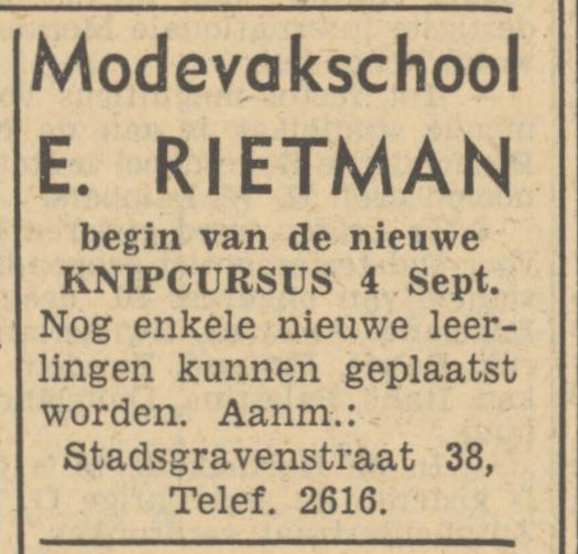 Stadsgravenstraat 38 Modevakschool E. Rietman advertentie Tubantia 31-8-1950.jpg