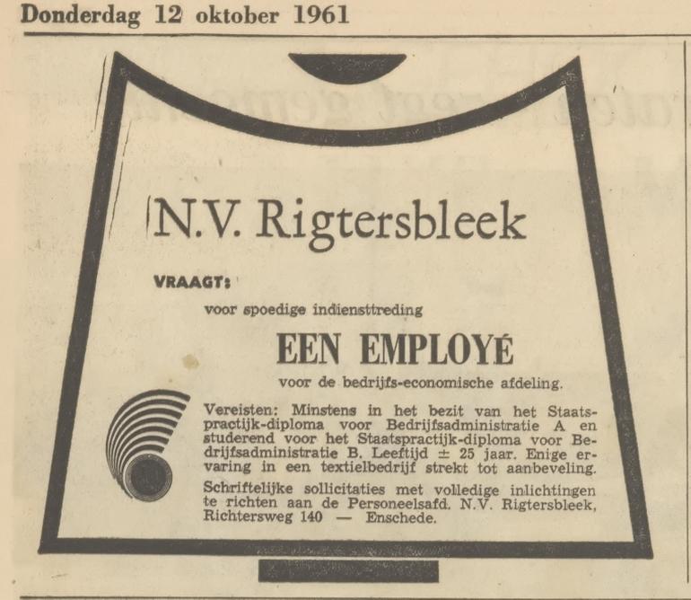 Richtersweg 140 N.V. Rigtersbleek advertentie Tubantia 12-10-1961.jpg