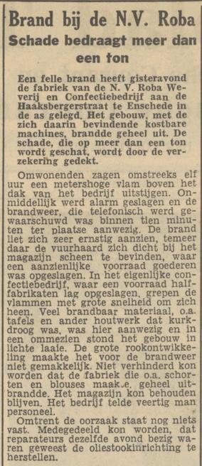 Haaksbergerstraat 147 brand Confectiebedrijf Roba krantenbericht Tubantia 10-10-1951.jpg