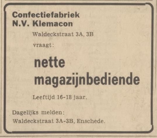 Waldeckstraat 3a-3b Confectiefabriek N.V. Klemacon advertentie Tubantia 4-3-1966.jpg