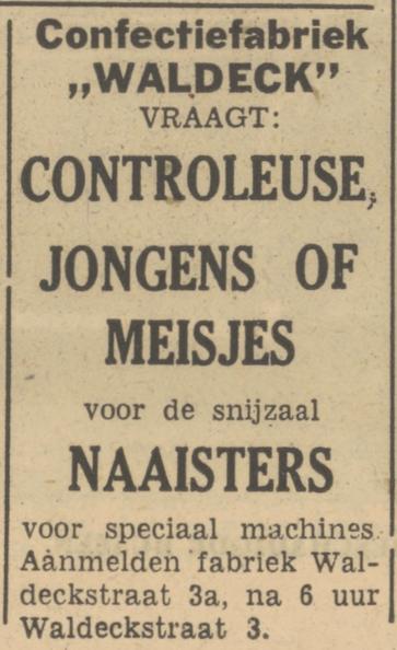 Waldeckstraat 3 Confectiebedrijf Waldeck advertentie Tubantia 14-7-1950.jpg