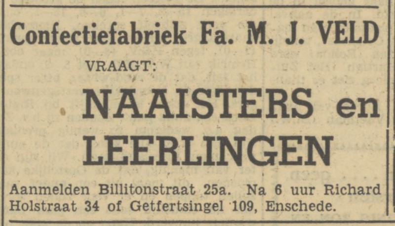 Billitonstraat 25a Confectiefabriek M.J. Veld advertentie Tubantia 2-6-1950.jpg