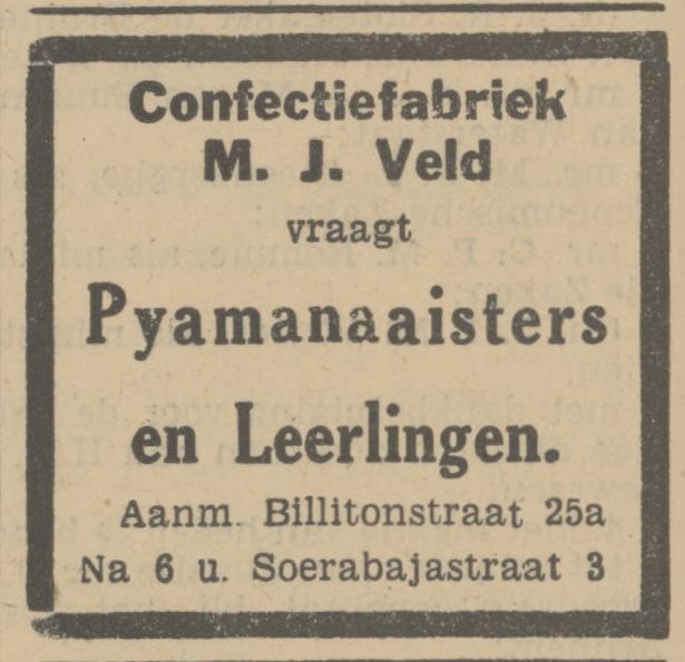 Billitonstraat 25a Confectiefabriek M.J. Veld advertentie Tubantia 25-7-1939.jpg