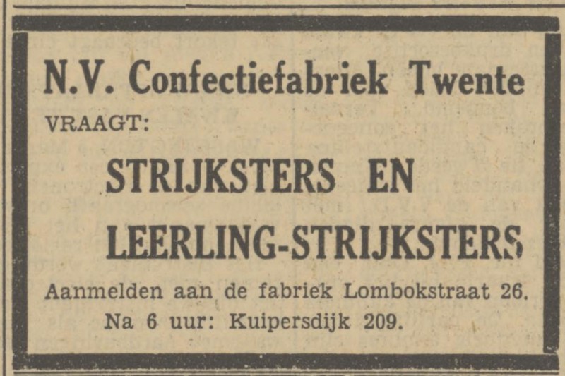Lombokstraat 26 N.V. Confectiefabriek Twenthe advertentie Tubantia 5-3-1951.jpg