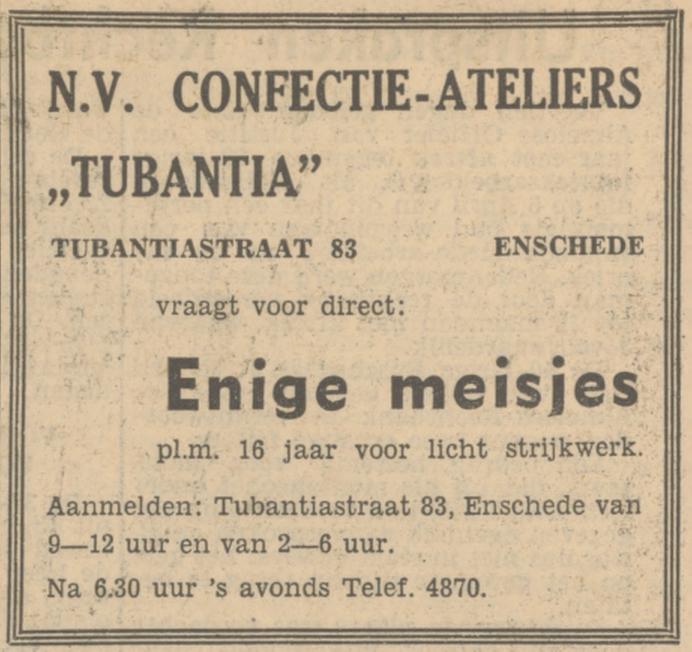 Tubantiastraat 83 N.V. Confectie Ateliers Tubantia advertentie Tubantia 29-5-1951.jpg
