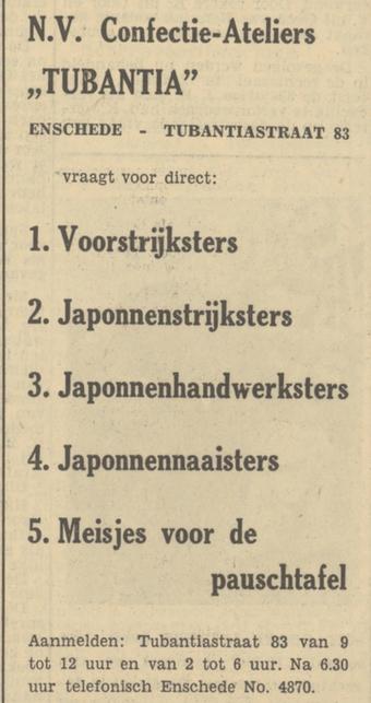 Tubantiastraat 83 N.V. Confectie Ateliers Tubantia advertentie Tubantia 15-11-1949.jpg