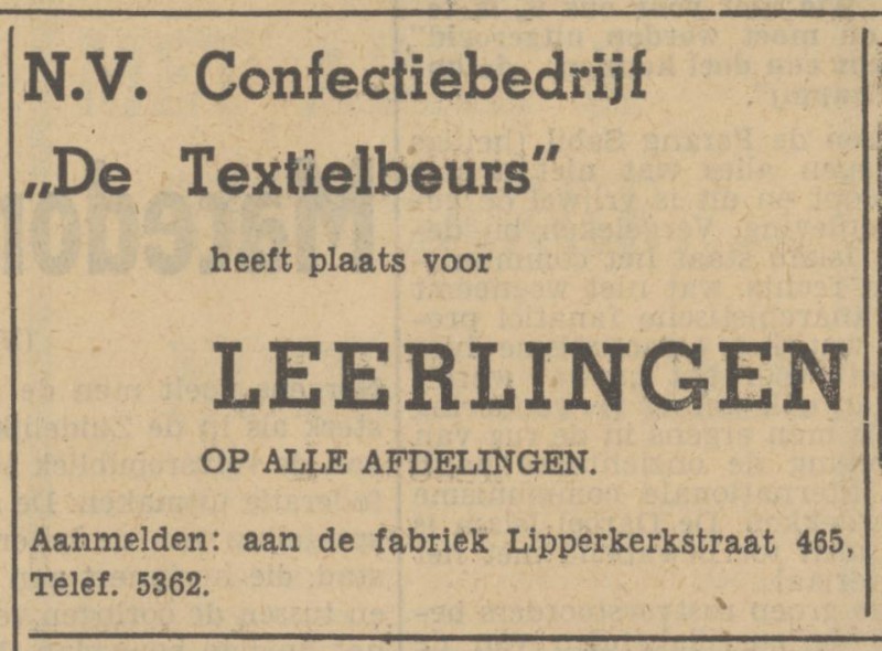 Lipperkerkstraat 465 Confectiefabriek De Textielbeurs advertentie Tubantia 24-8-1949.jpg