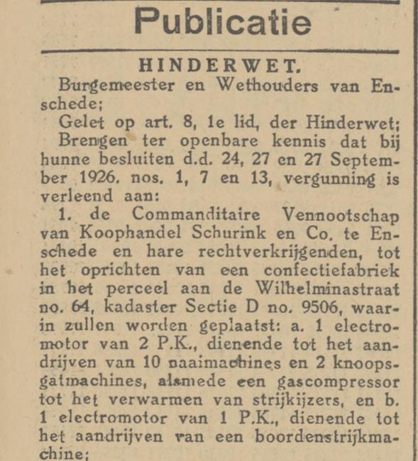 Wilhelminastraat 64 Confectiefabriek Schurink & Co. krantenbericht Tubantia 30-9-1926.jpg