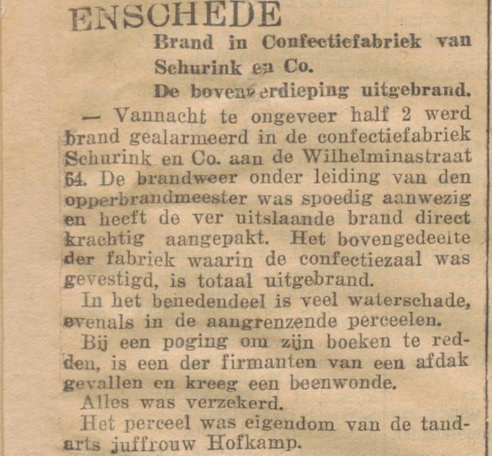 Wilhelminastraat 64 Confectiefabriek Schurink & Co. krantenbericht Overijsselsch dagblad 29-7-1933.jpg